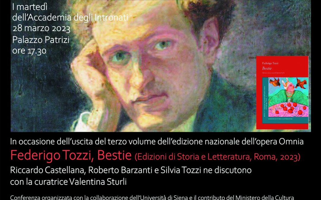 Riccardo Castellana con Roberto Barzanti e Silvia Tozzi discutono con Valentina Sturli, curatrice di Bestie, terzo volume dell’Edizione Nazionale dell’opera omnia di Federigo Tozzi